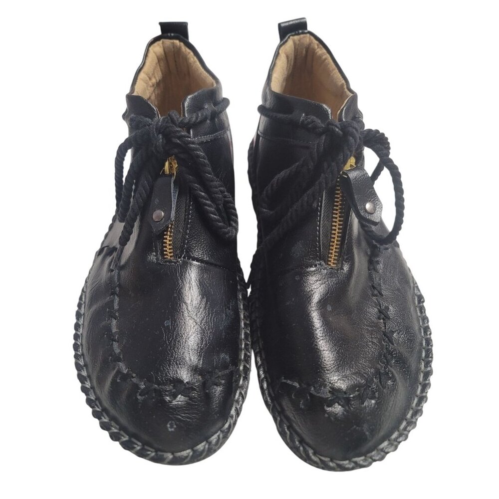 Men's Black Leather European Shoes (46 EU) w/ Zip & Lace-Up - Hand-Stitched